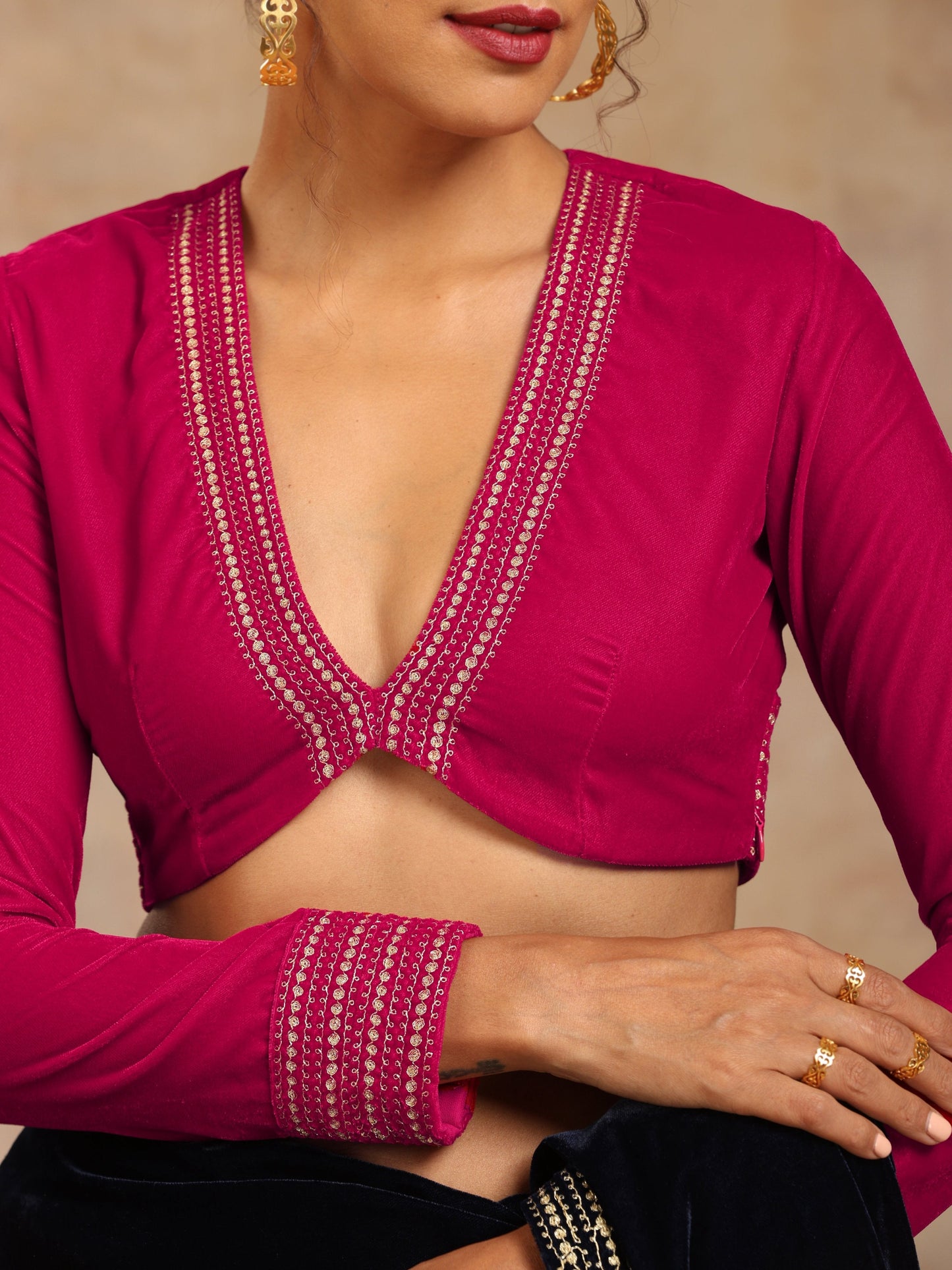 trueBrowns Rani Pink Velvet Embroidered Blouse | Swadesiicart