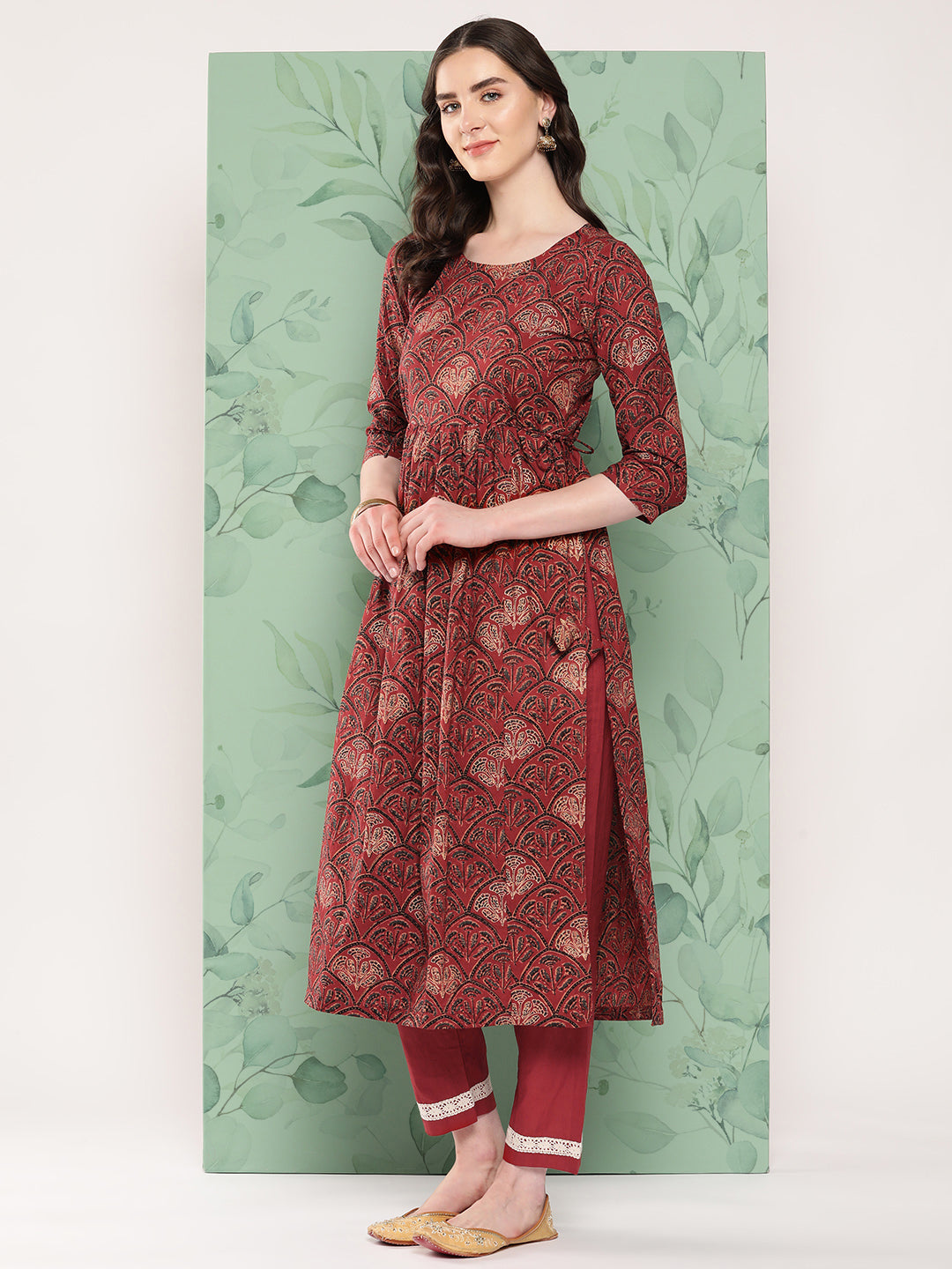 InWeave Women's Long Kurta Set Rust Ajrakh With Green Ajrakh Dupatta - Swadesiicart