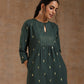 trueBrowns Dark Green Gold Cotton Yoke Kurta Set | Swadesiicart