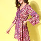InWeave Women's Fuchsia Floral Prnited Bell Sleeve Short Dress - Swadesiicart