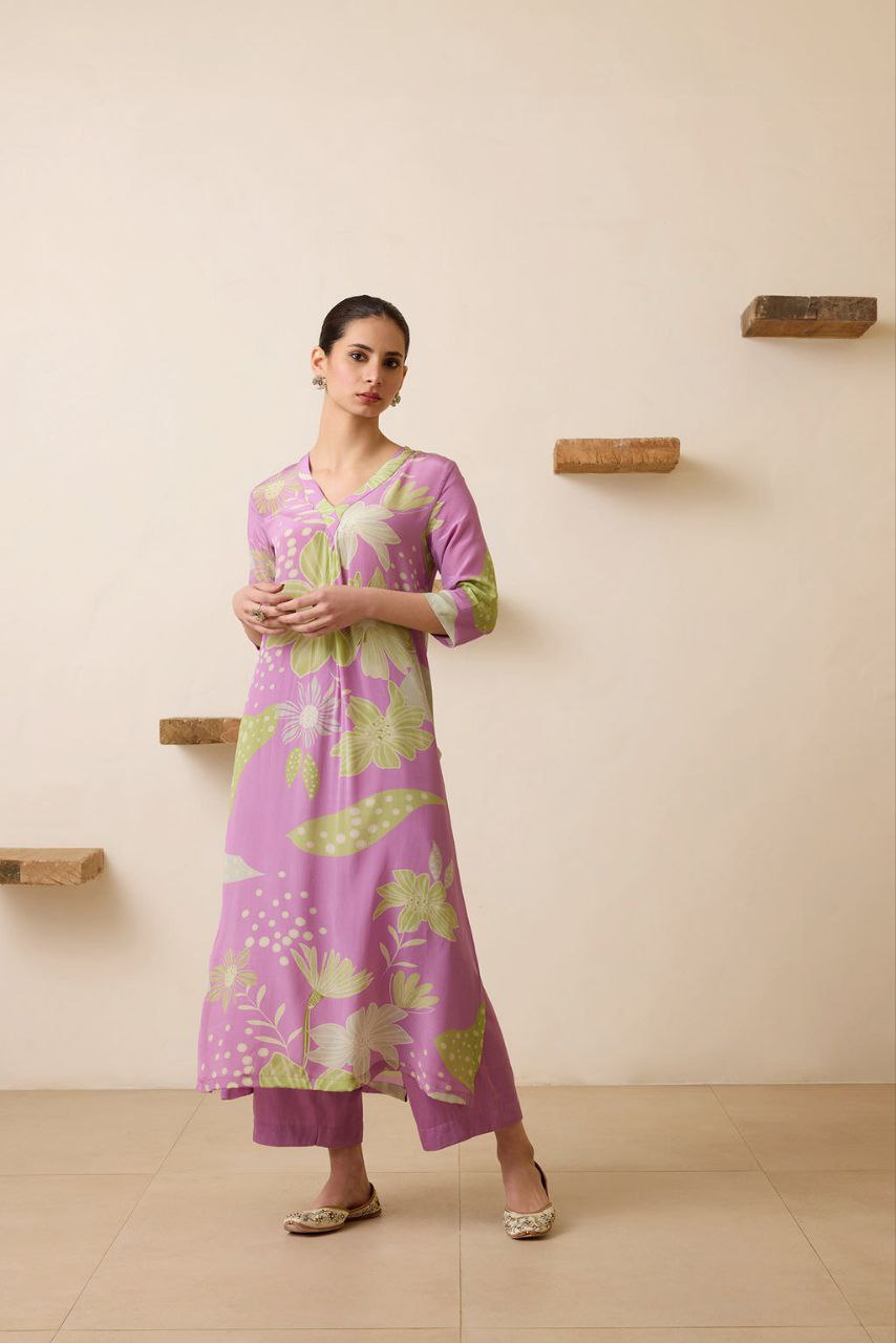 NOZ2TOZ Women's Floral Printed Knee Length V Neck Kurta Set - Swadesiicart