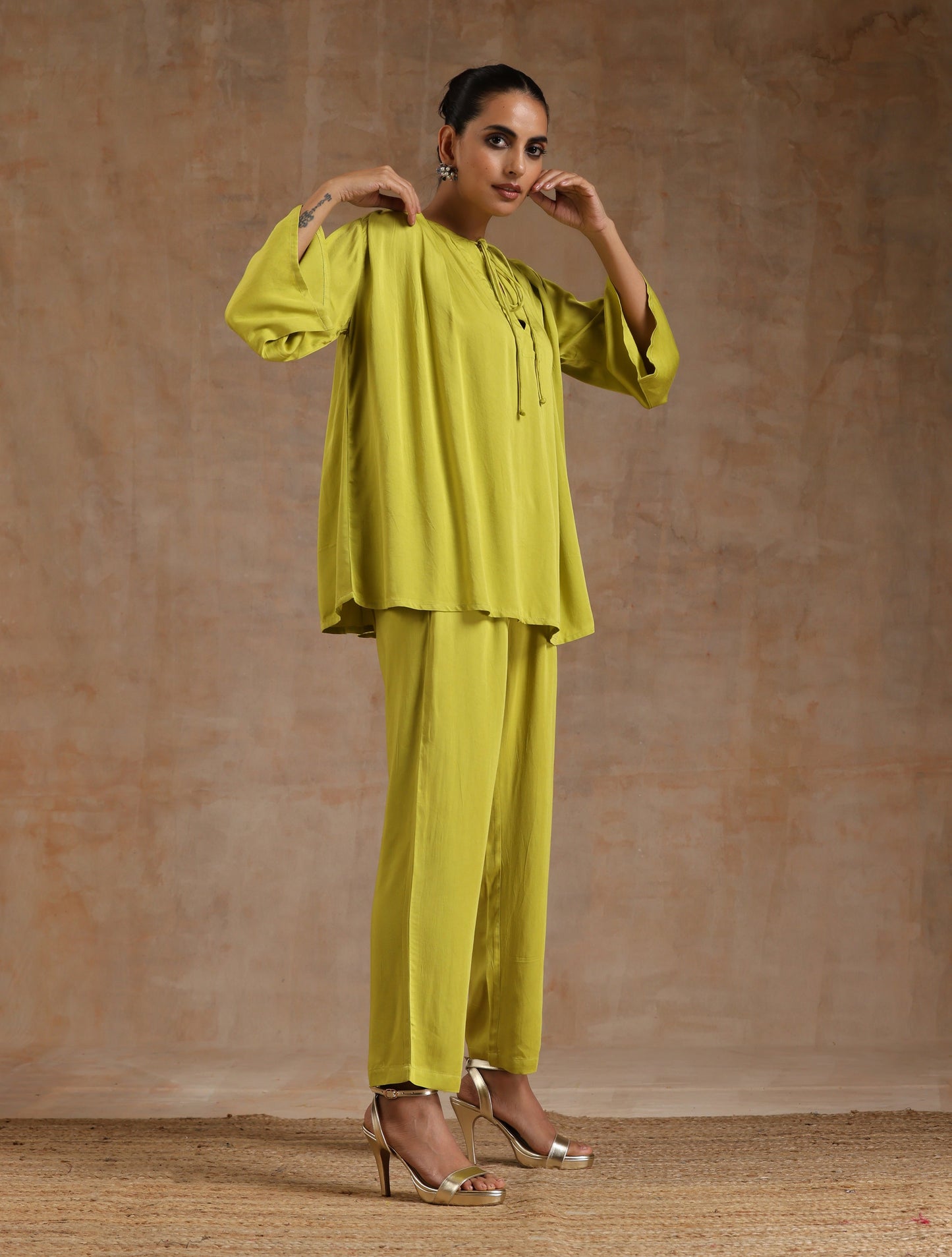 trueBrowns Lime Modal Satin Shoulder Pleat Co-Ord Set - Swadesiicart