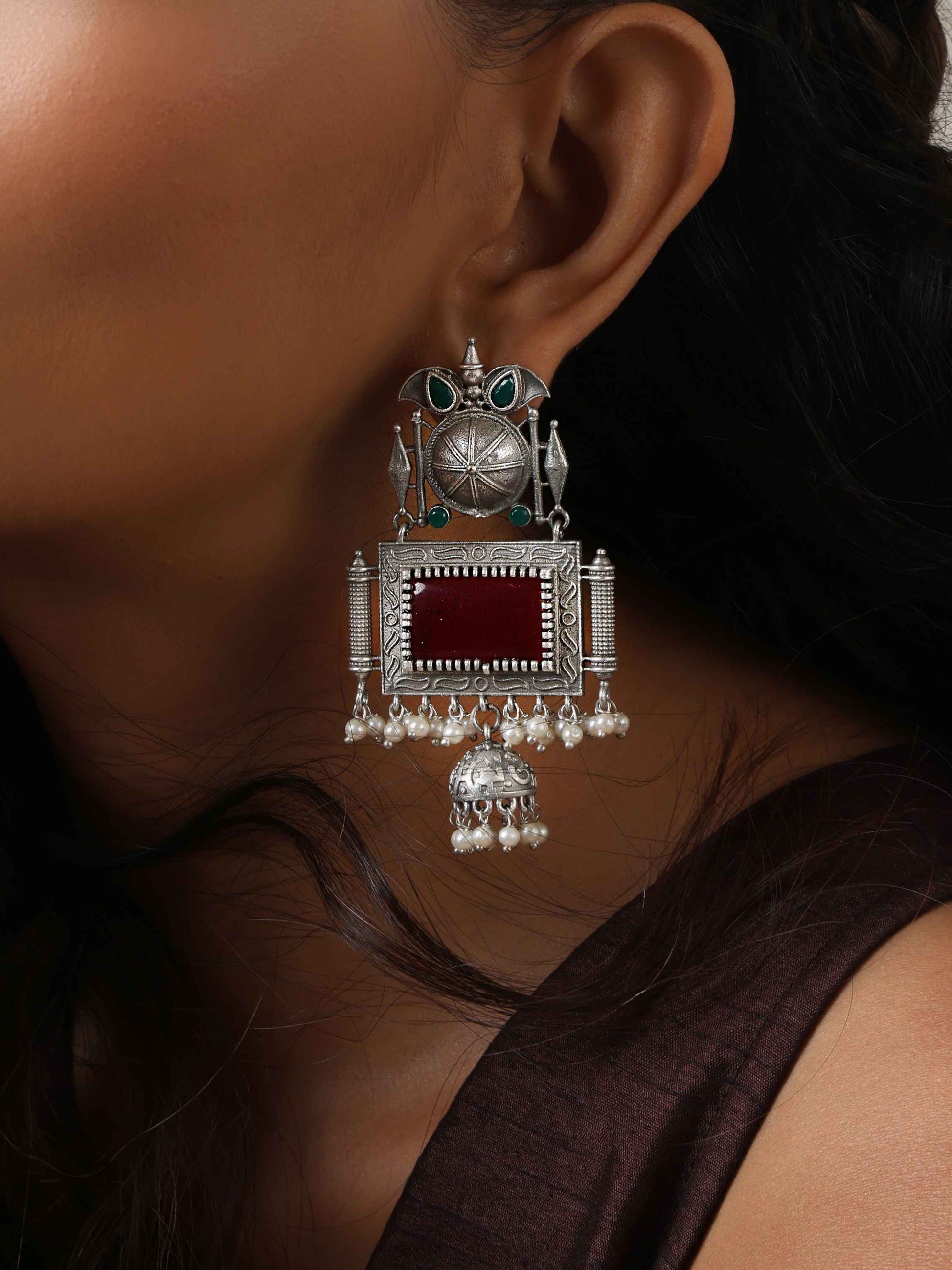 trueBrowns Silver Tone Red Stone Dangle Earrings - Swadesiicart