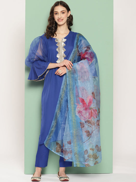 InWeave Women's Ink Blue Organza Sleeve Kurta Set W Blue Fuchsia Or Dupatta - Swadesiicart