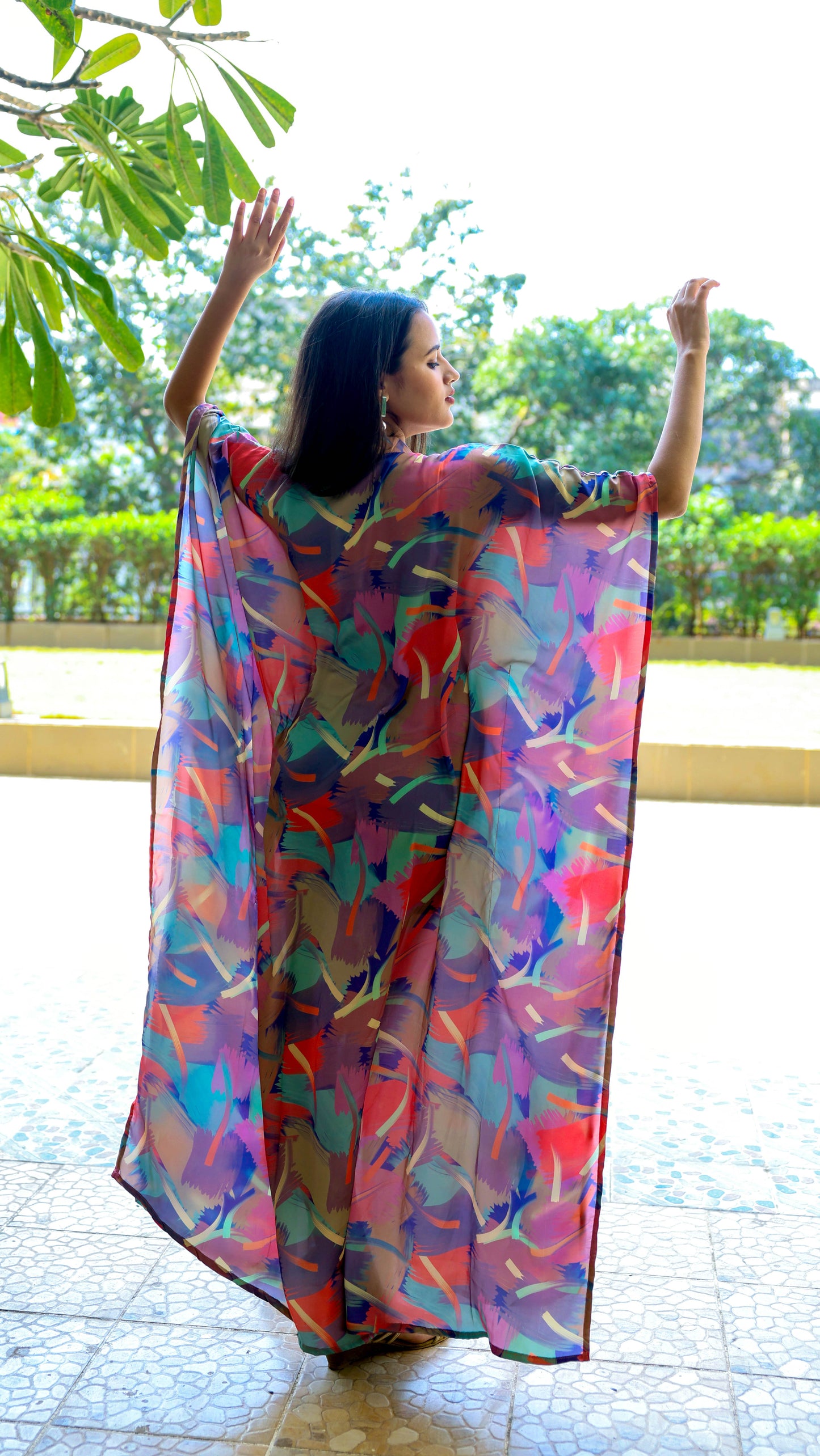 Noroke Sustainable fabric | Bemberg Abstract Printed Shirt Style Kaftan | Swadesiicart