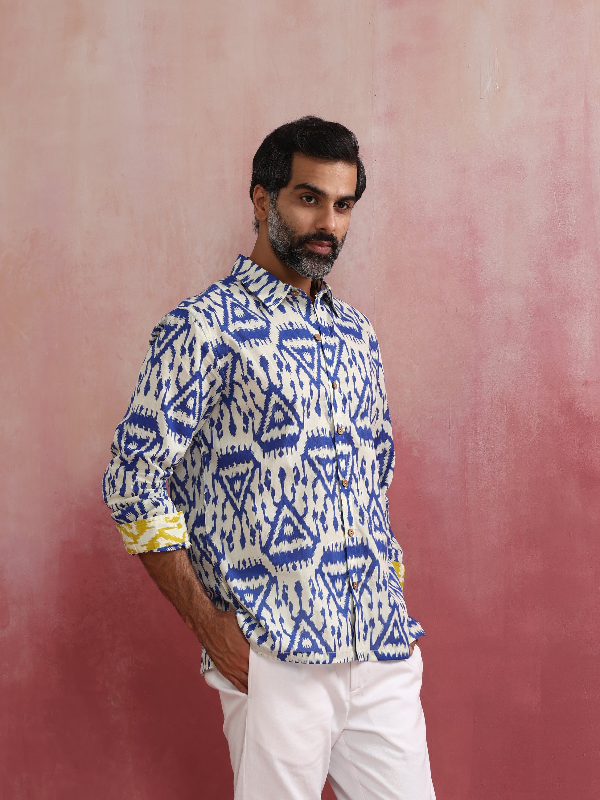 trueBrowns Men's Blue Ikat Print Cambric Shirt | Swadesiicart