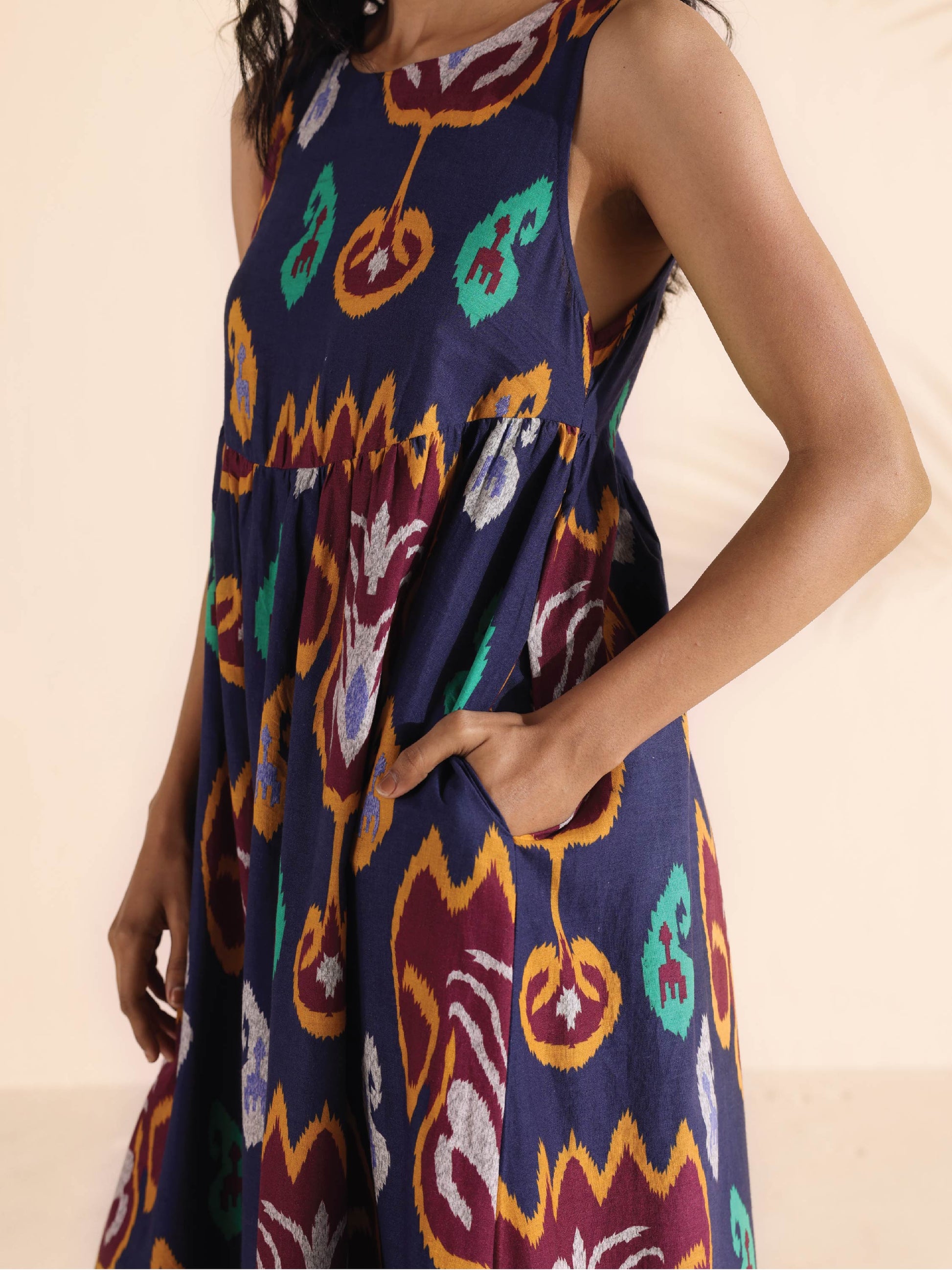 trueBrowns Purple Cotton Ikat Flared Dress | Swadesiicart