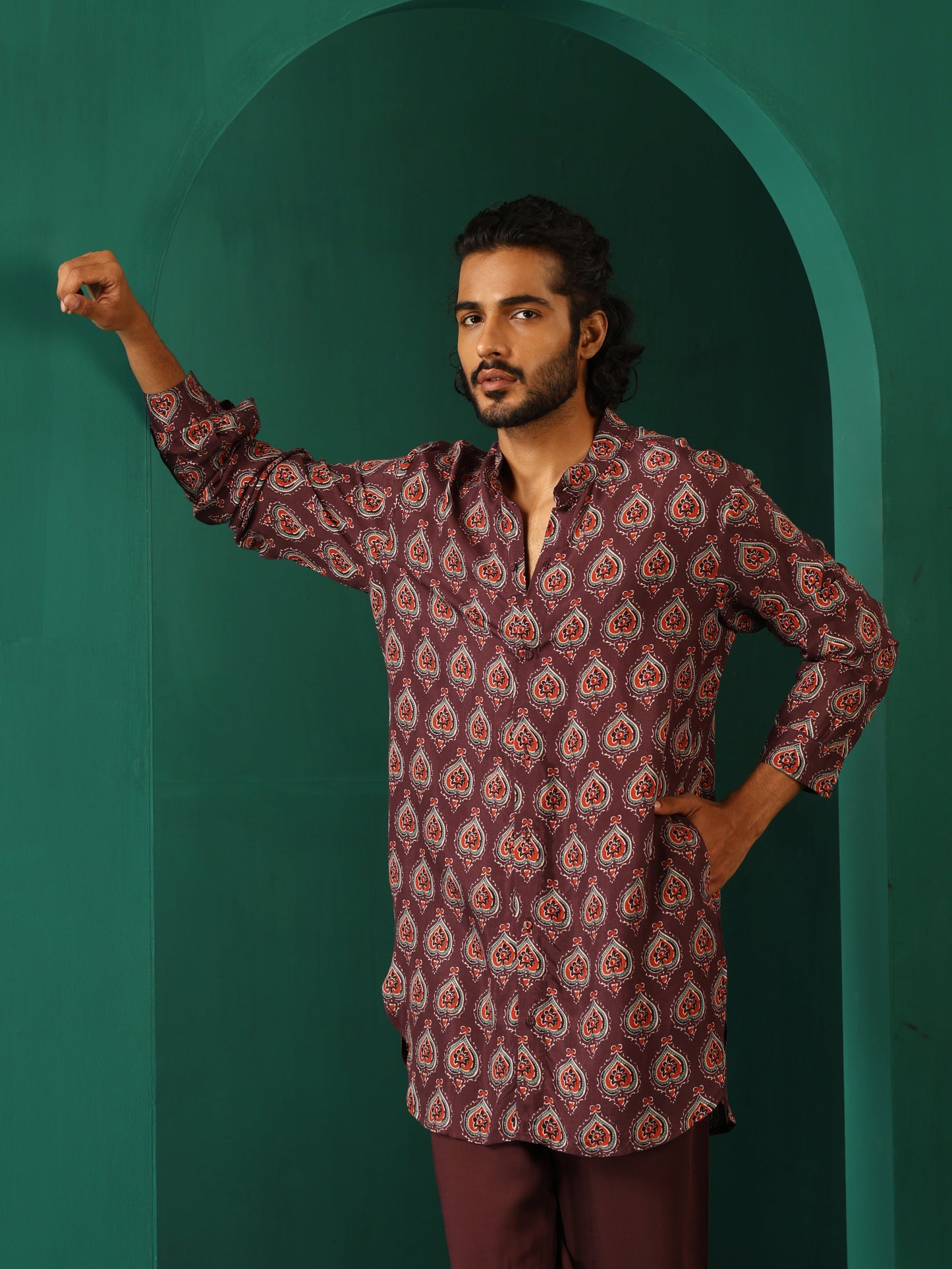 trueBrowns Men's Deep Purple Paan Muslin Silk Printed Co-ord Set - Swadesiicart