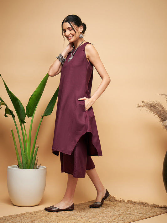 InWeave Women's Wine Solid Short Kurta Palazzo Set - Swadesiicart