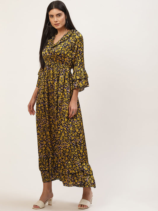 InWeave Women's Mustard Print Ruffled Dress - Swadesiicart