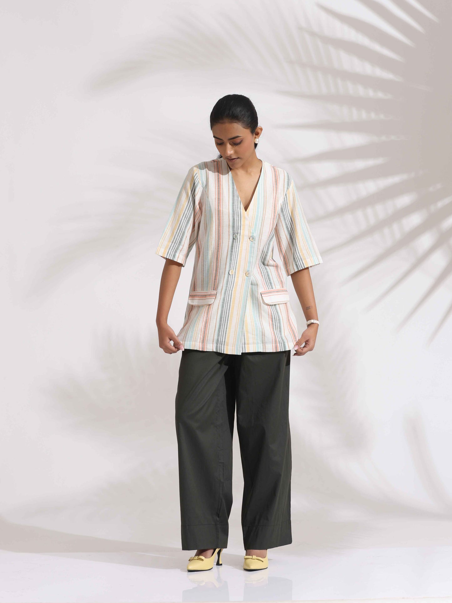 trueBrowns Off-White Cotton Stripe Jacket Top Co-ord Set - Swadesiicart