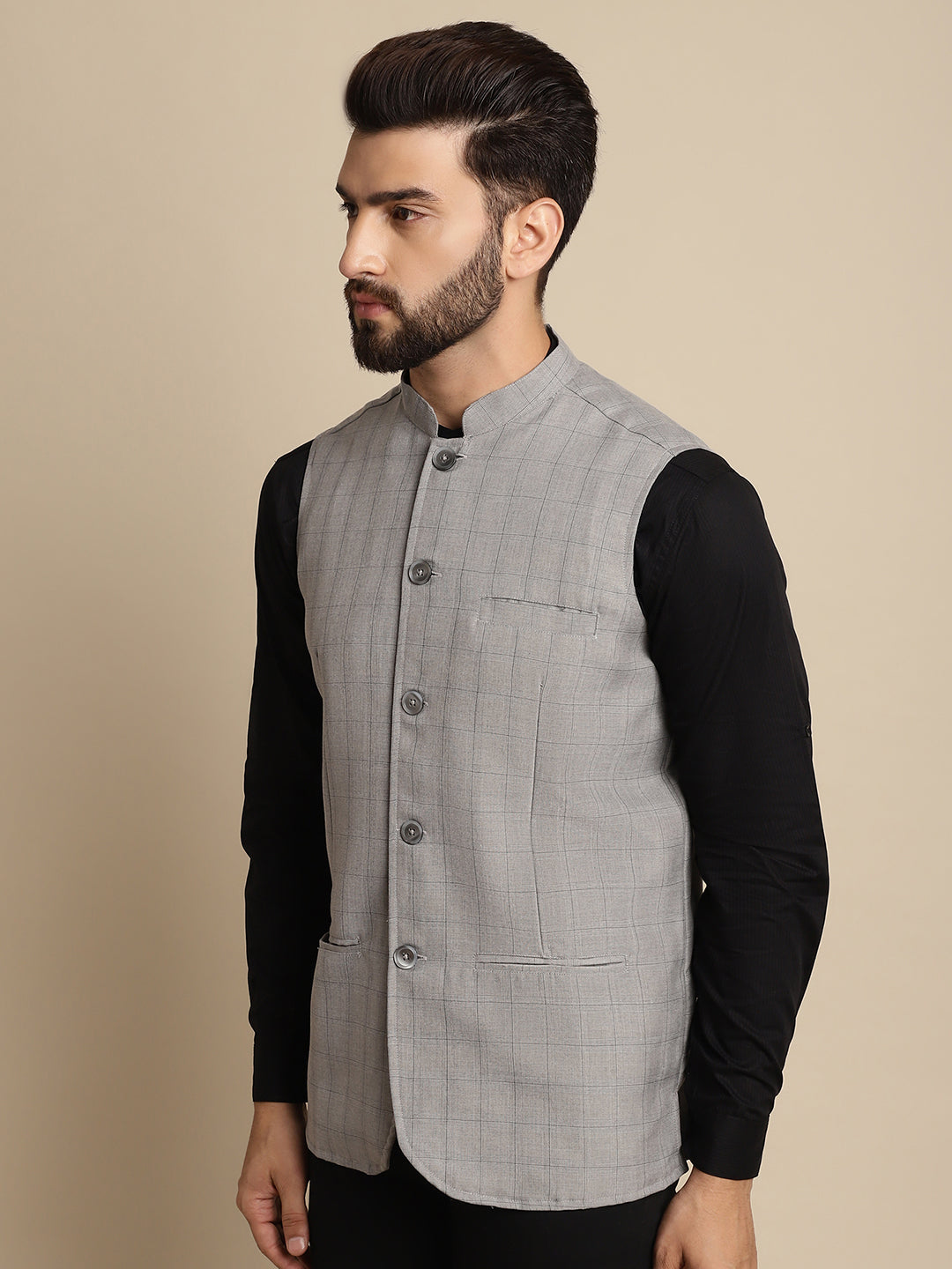 Even Apparels Men's Grey Mandarin Collar Waistcoat | Swadesiicart