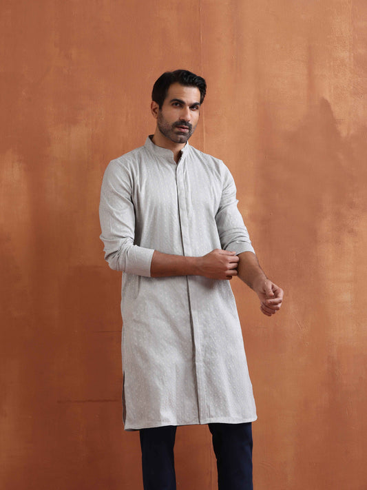 trueBrowns Men's Grey Chanderi Front Open Kurta | Swadesiicart
