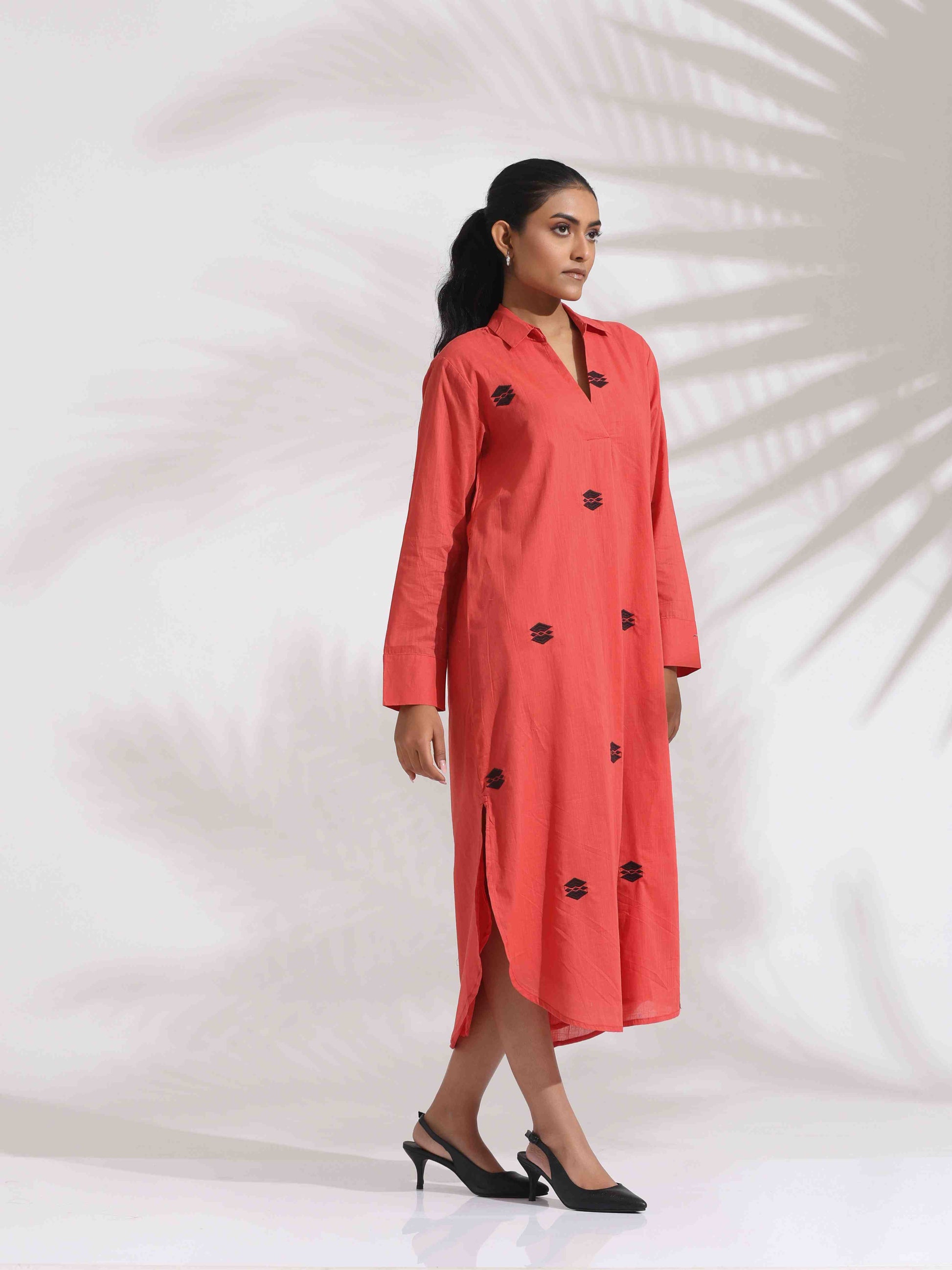 trueBrowns Orange Cotton Embroidered Flared Dress | Swadesiicart
