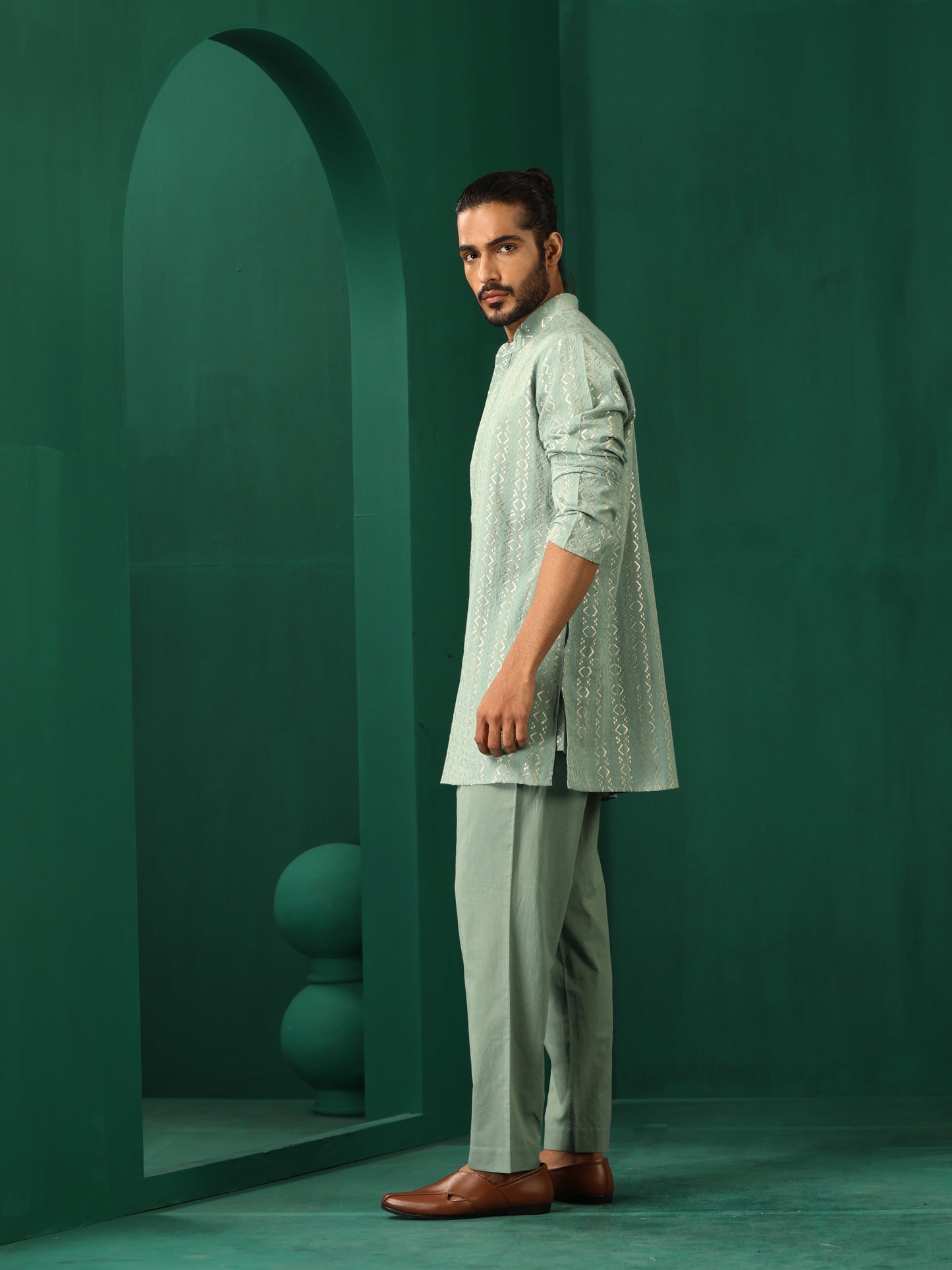 trueBrowns Men's Mint Green Dobby Co-ord Set - Swadesiicart