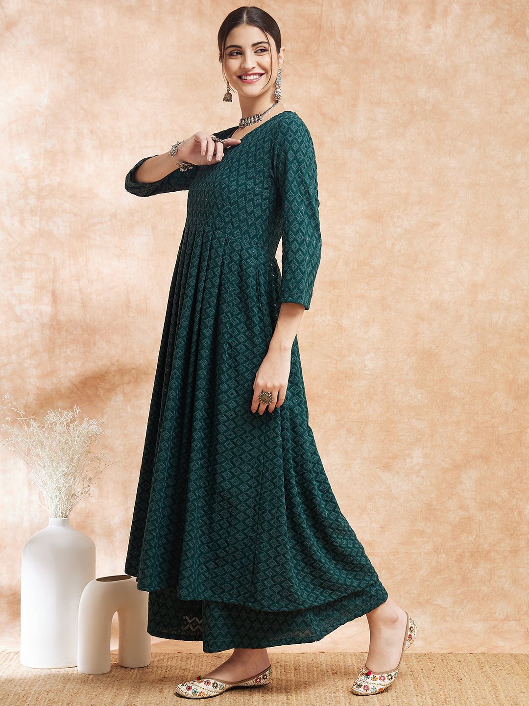 InWeave Women's Forest Green Chikankari Long Anarkali Kurta Sharara Set - Swadesiicart