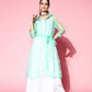 InWeave Women's Cream Strappy Kurta Set With Teal Organza Cape - Swadesiicart