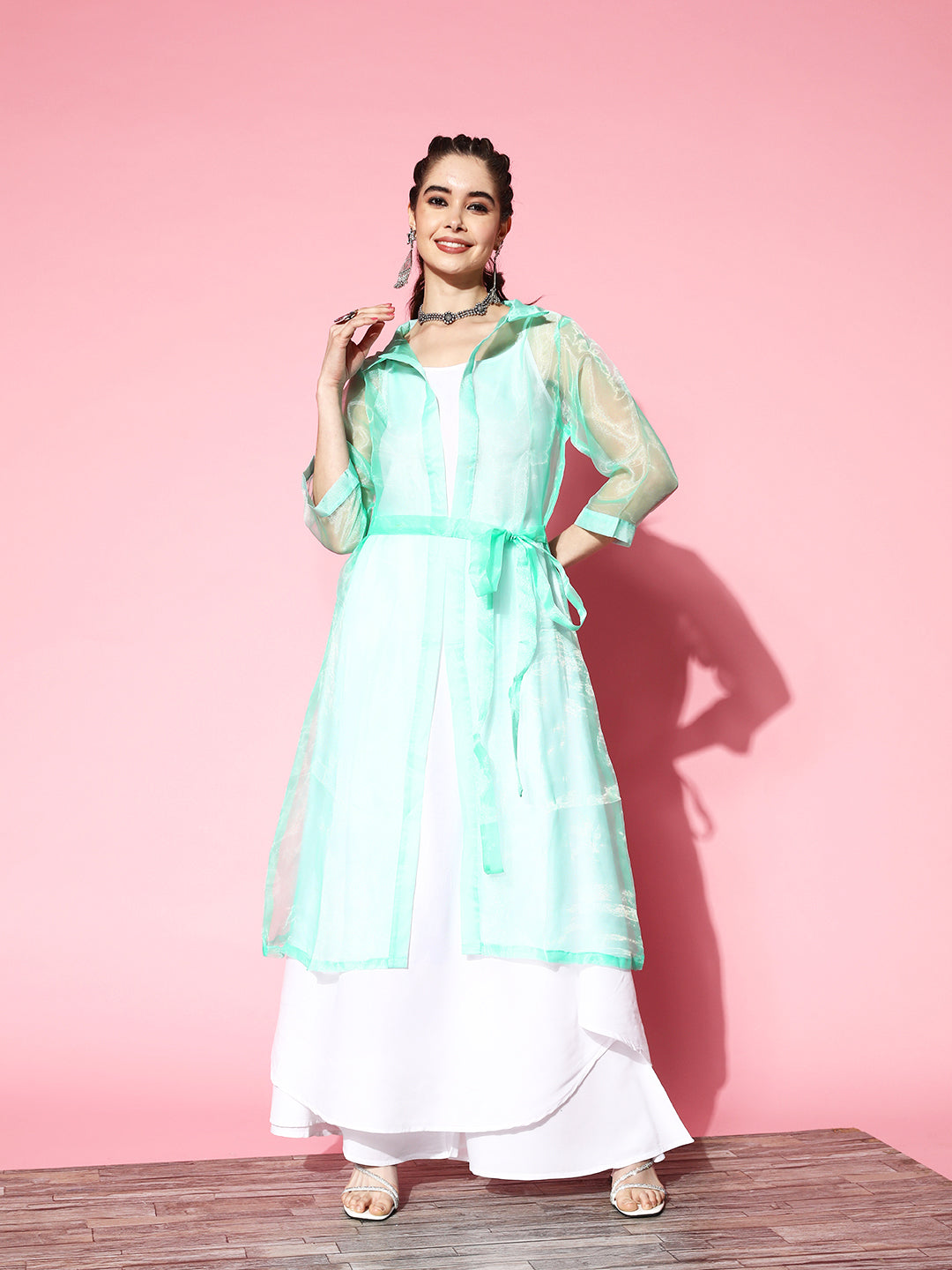 InWeave Women's Cream Strappy Kurta Set With Teal Organza Cape - Swadesiicart