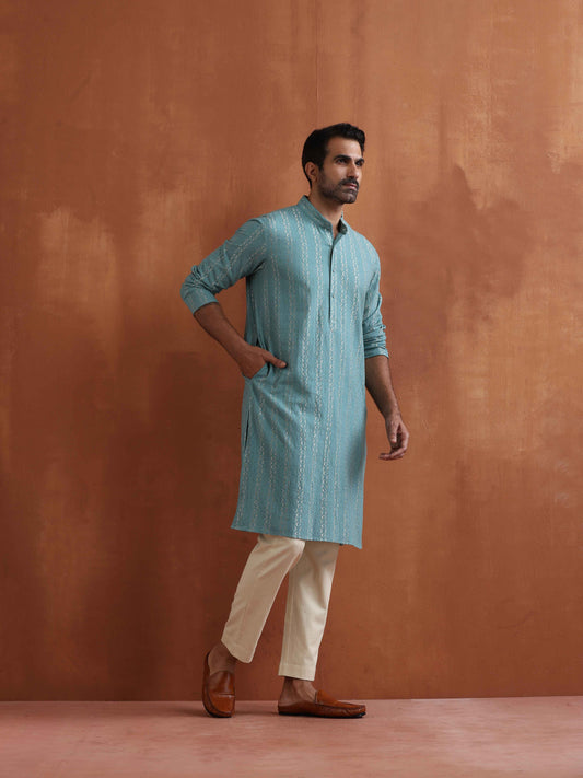 trueBrowns Men's Green Textured Cotton Dobby Kurta | Swadesiicart