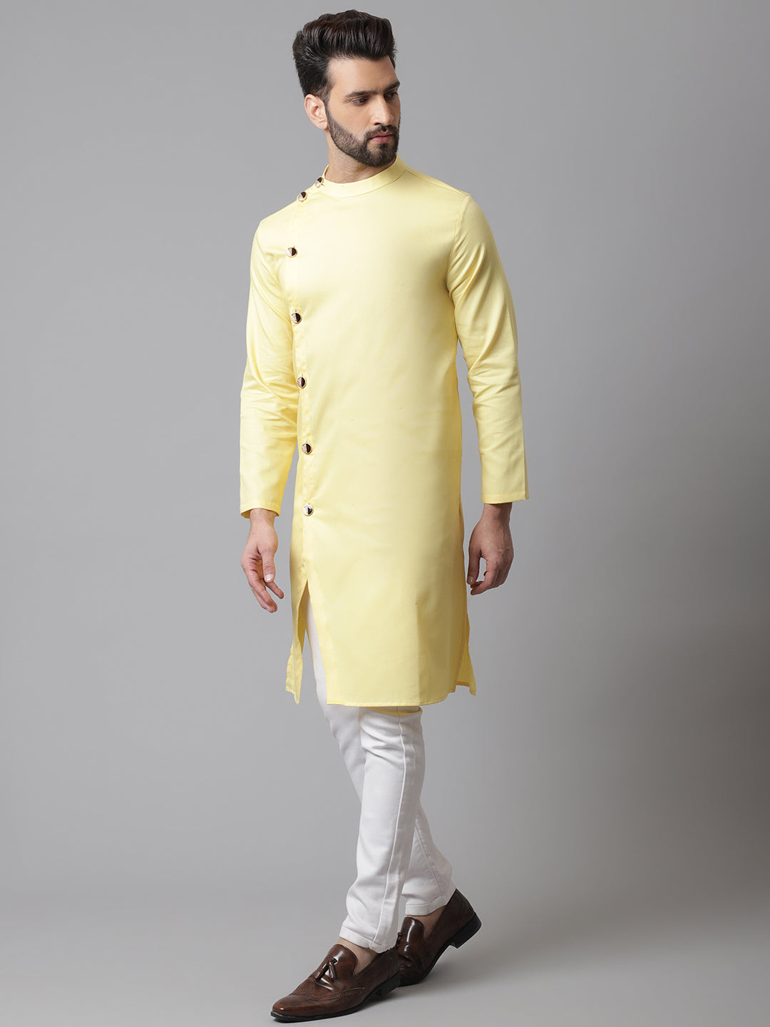 Even Apparels Yellow Sherwani Kurta With Asymetrical Cut | Swadesiicart