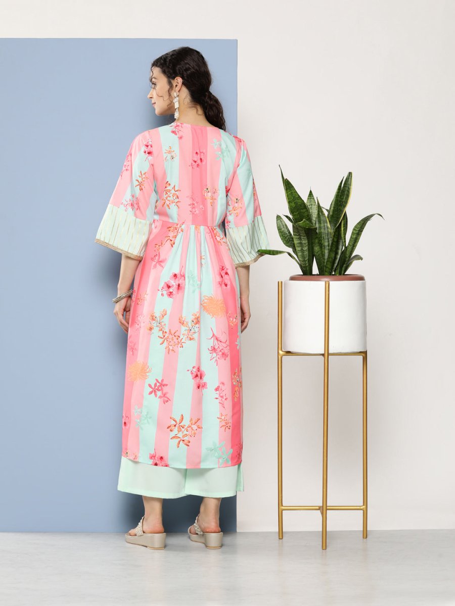 Ahalyaa Women Floral Printed Pleated Gotta Patti Kurta With Palazzos | Swadesiicart