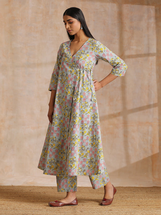 trueBrowns Grey Overall Floral Block Print Cotton Angrakha Kurta Pant Set | Swadesiicart