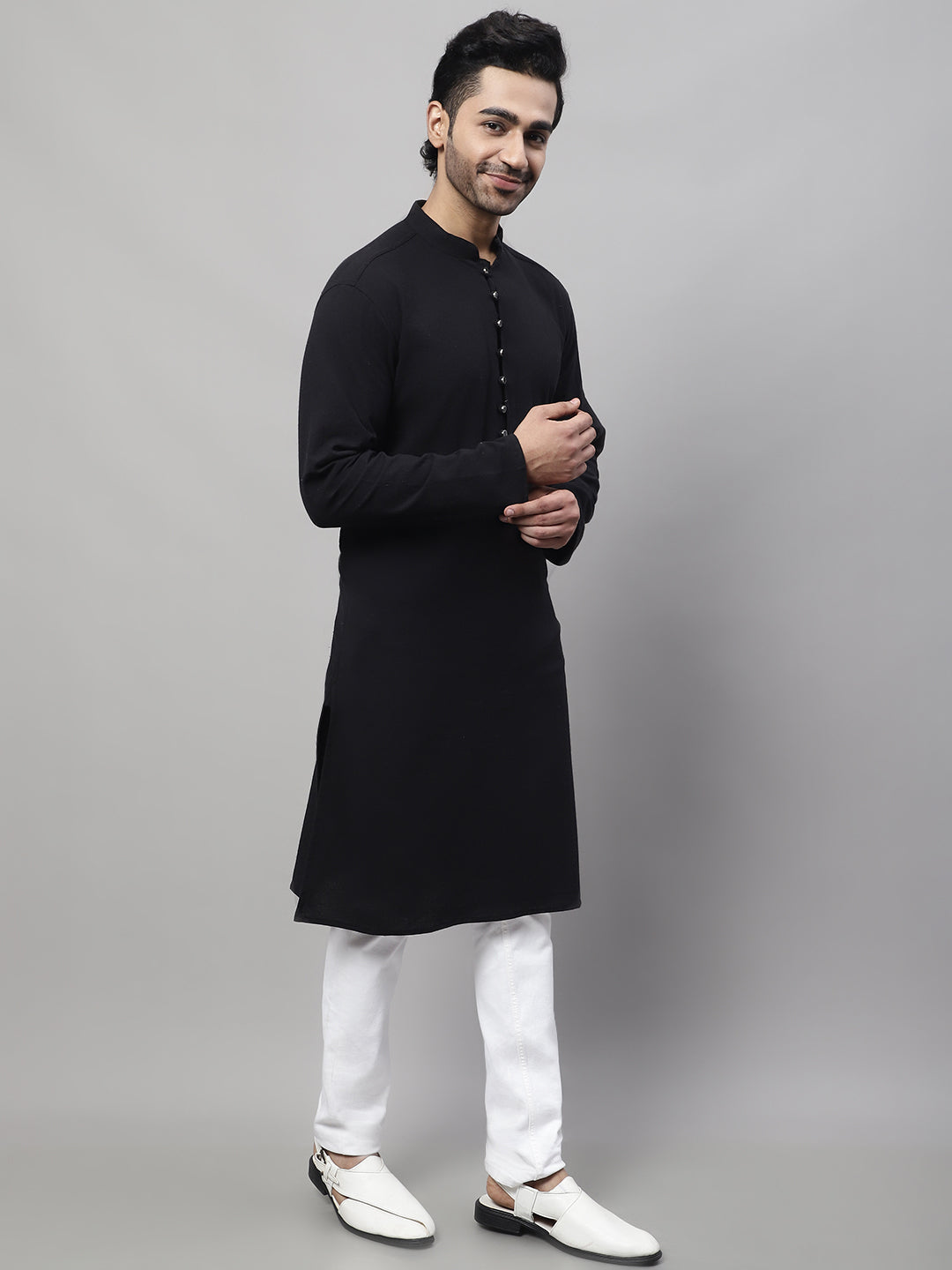 Even Apparels Black Pure Cotton Kurta With Band Collar | Swadesiicart