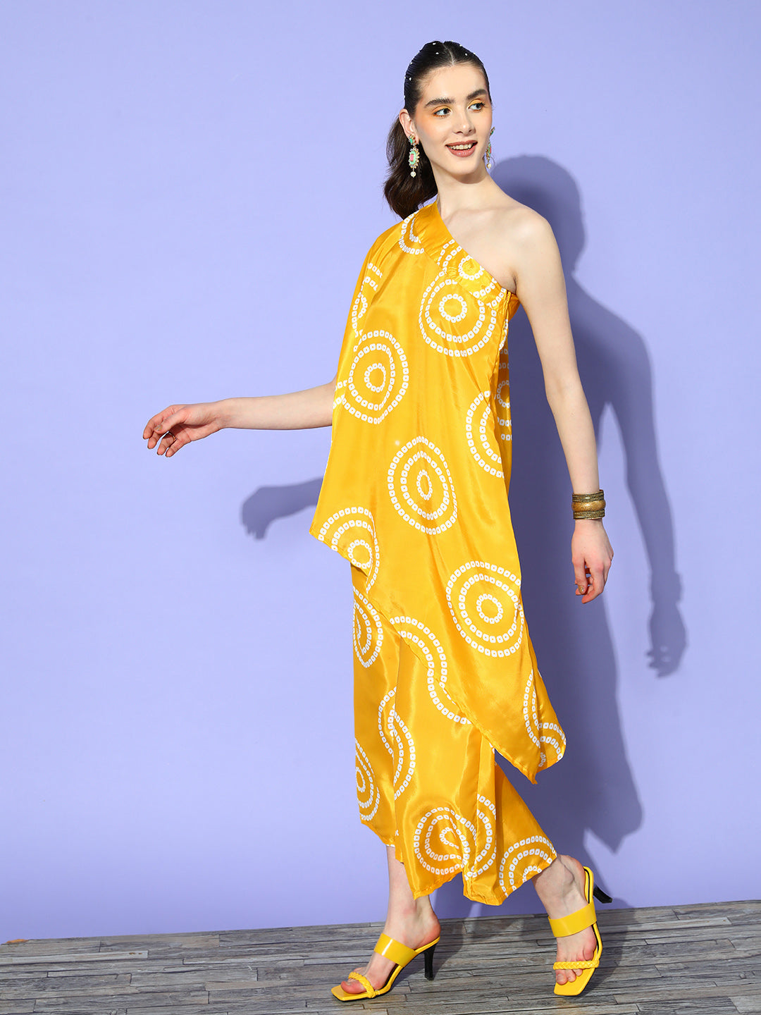InWeave Women's Yellow Bandhani Motif One Shoulder Palazzo Set - Swadesiicart