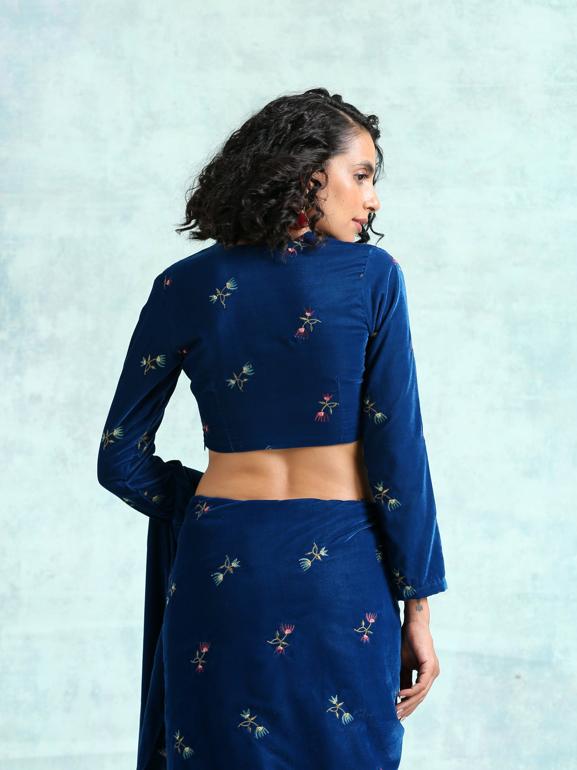 trueBrowns Blue Embroidered Velvet Blouse | Swadesiicart