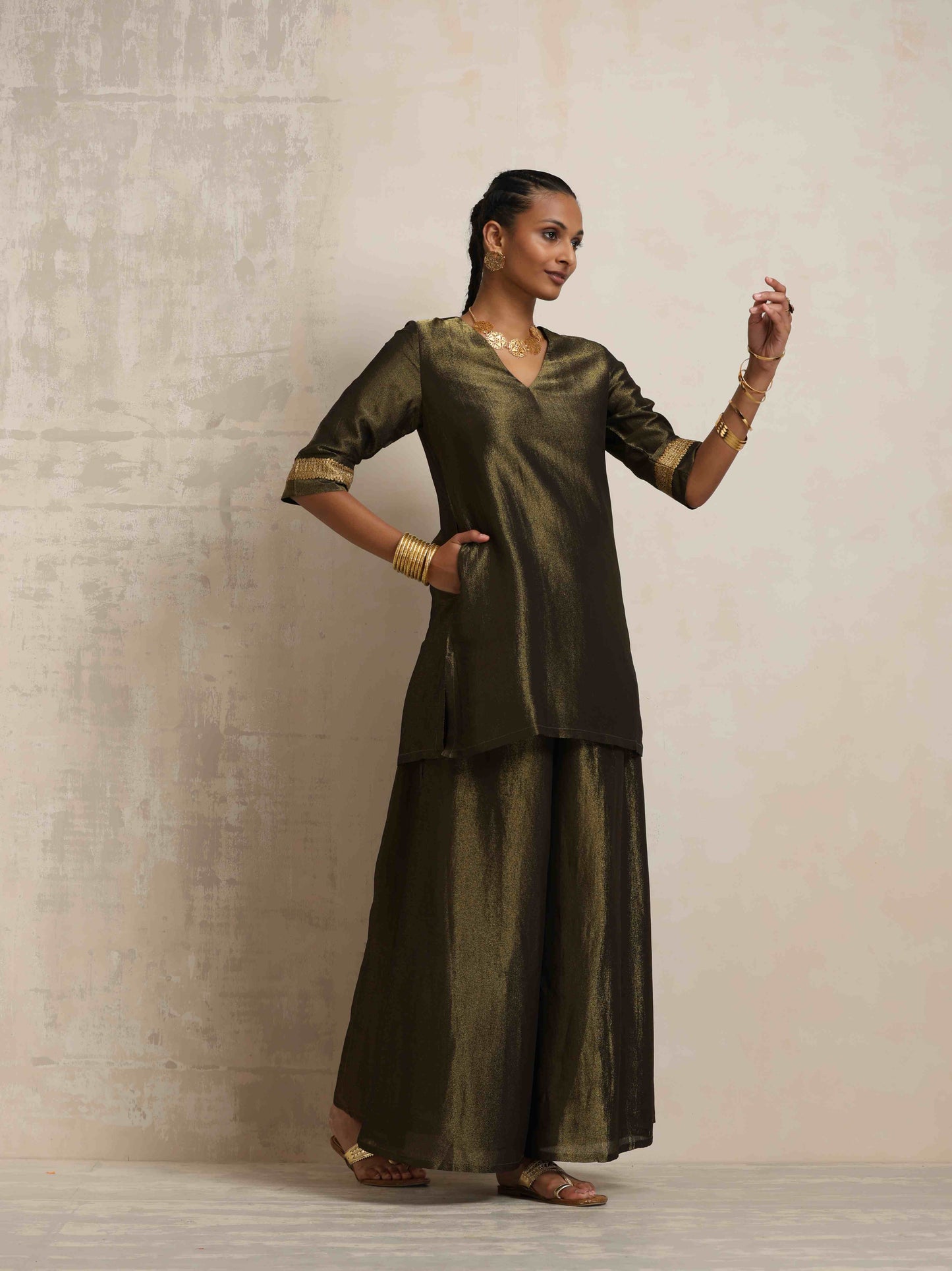 trueBrowns Olive Green Tissue Sharara Set | Swadesiicart