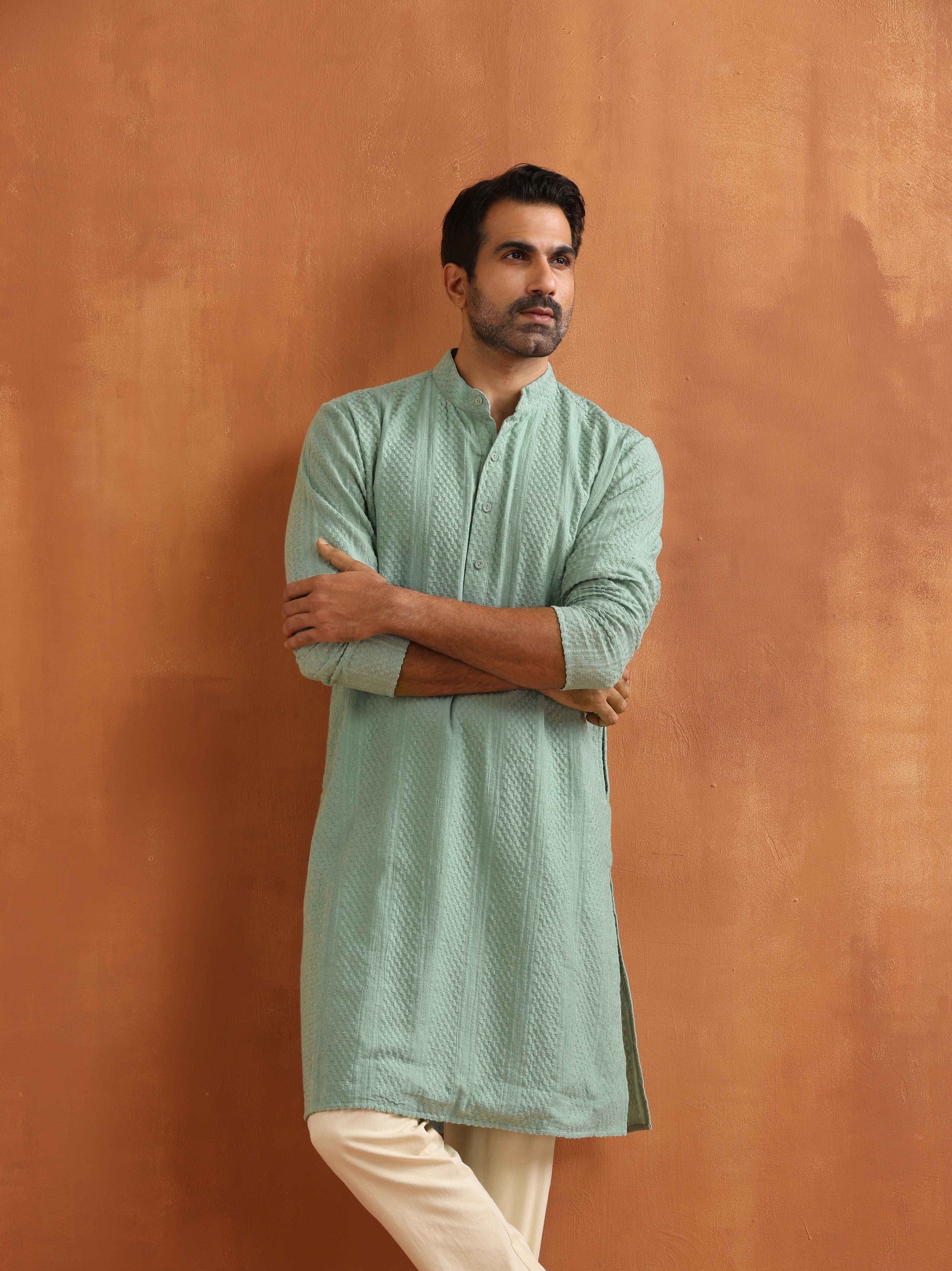 trueBrowns Men's Green Cotton Dobby Kurta | Swadesiicart