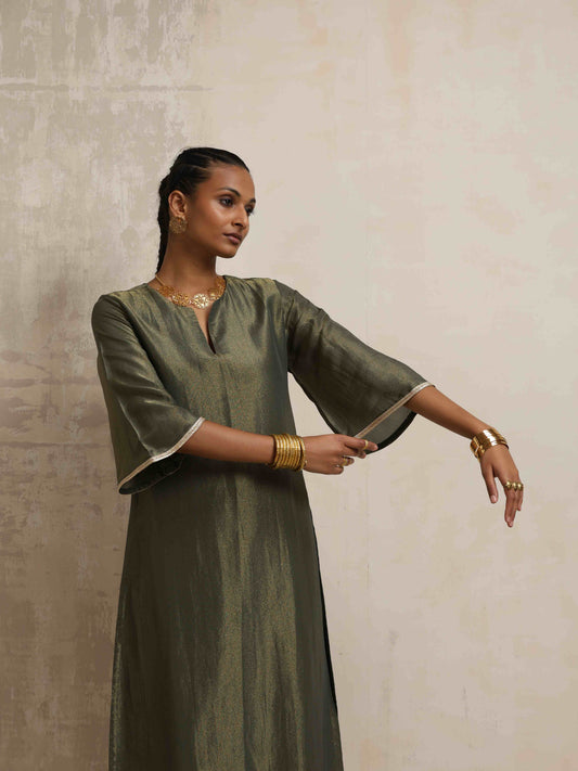trueBrowns Green Tissue Kurta Set | Swadesiicart