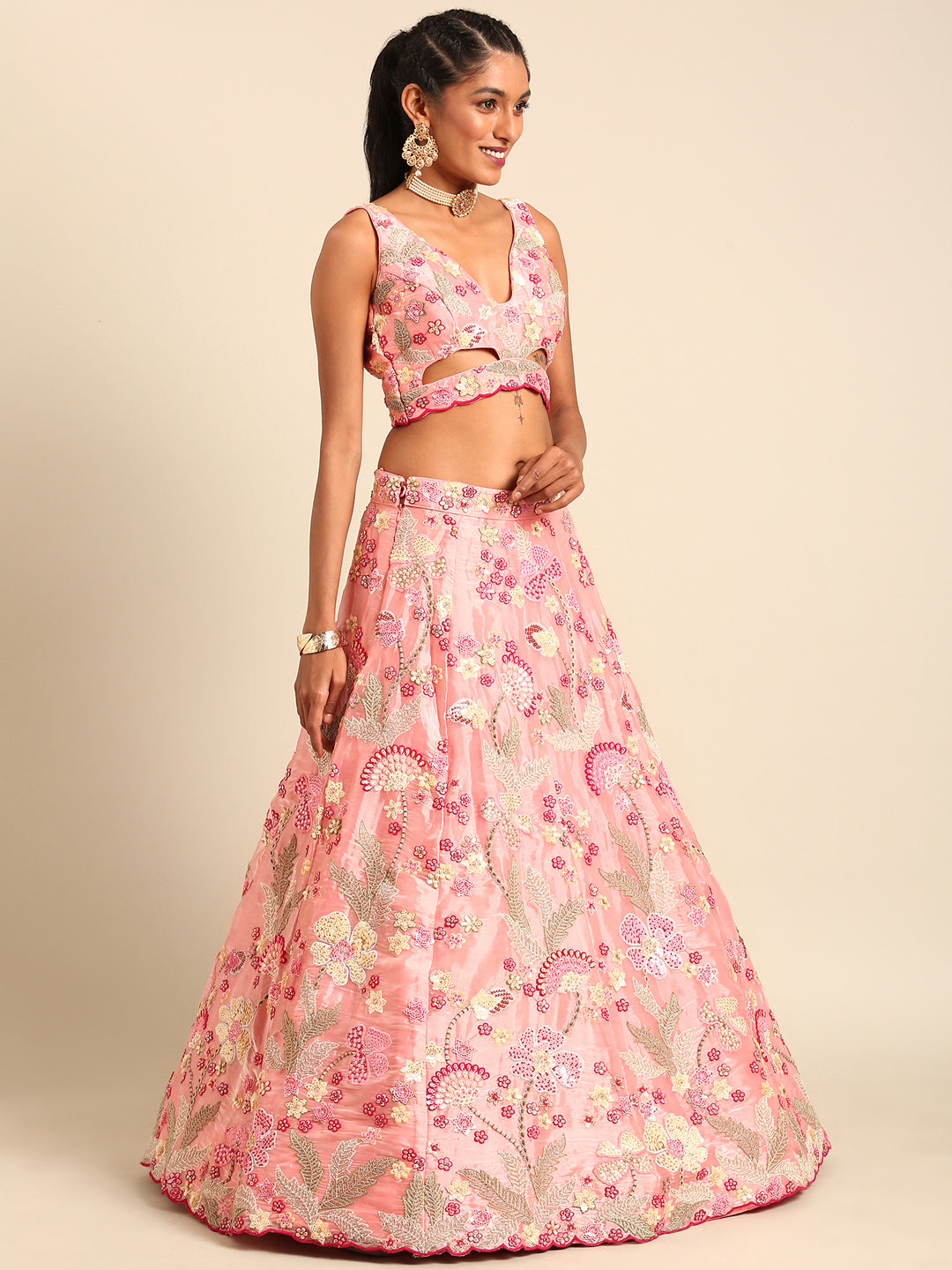 House of Panchhi Pink Organza Sequins And Zarkan Embroidery Lehenga Choli & Dupatta | Swadesiicart