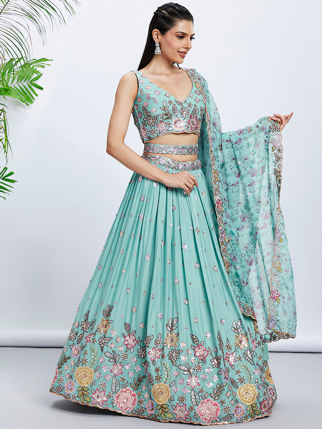House of Panchhi Mauve Chiffon Sequins And Thread Embroidery Lehenga Choli & Dupatta | Swadesiicart