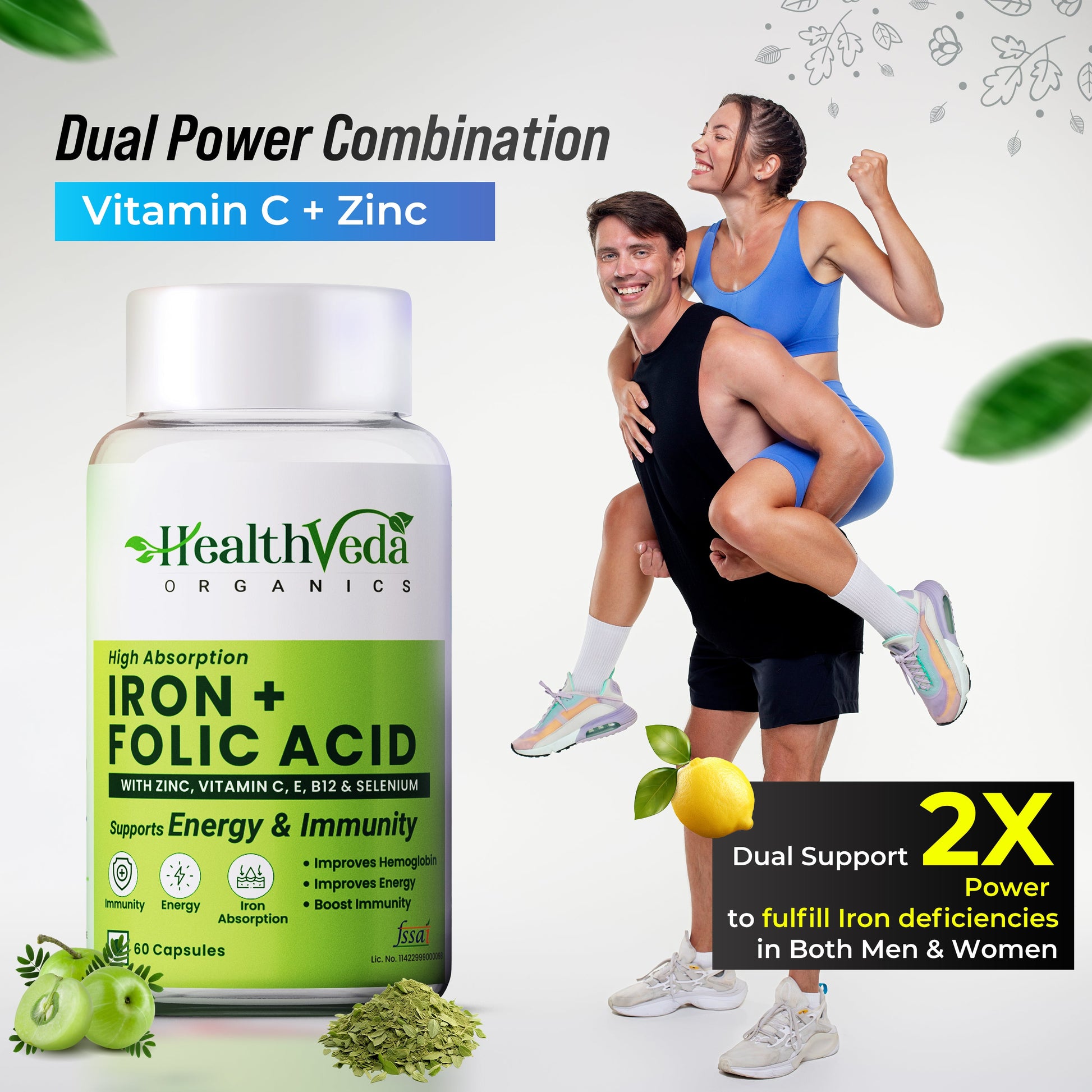 Health Veda Organics Iron + Folic Acid Capsules - Swadesiicart