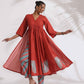trueBrowns Red Cotton Print Flared Kurta Set | Swadesiicart