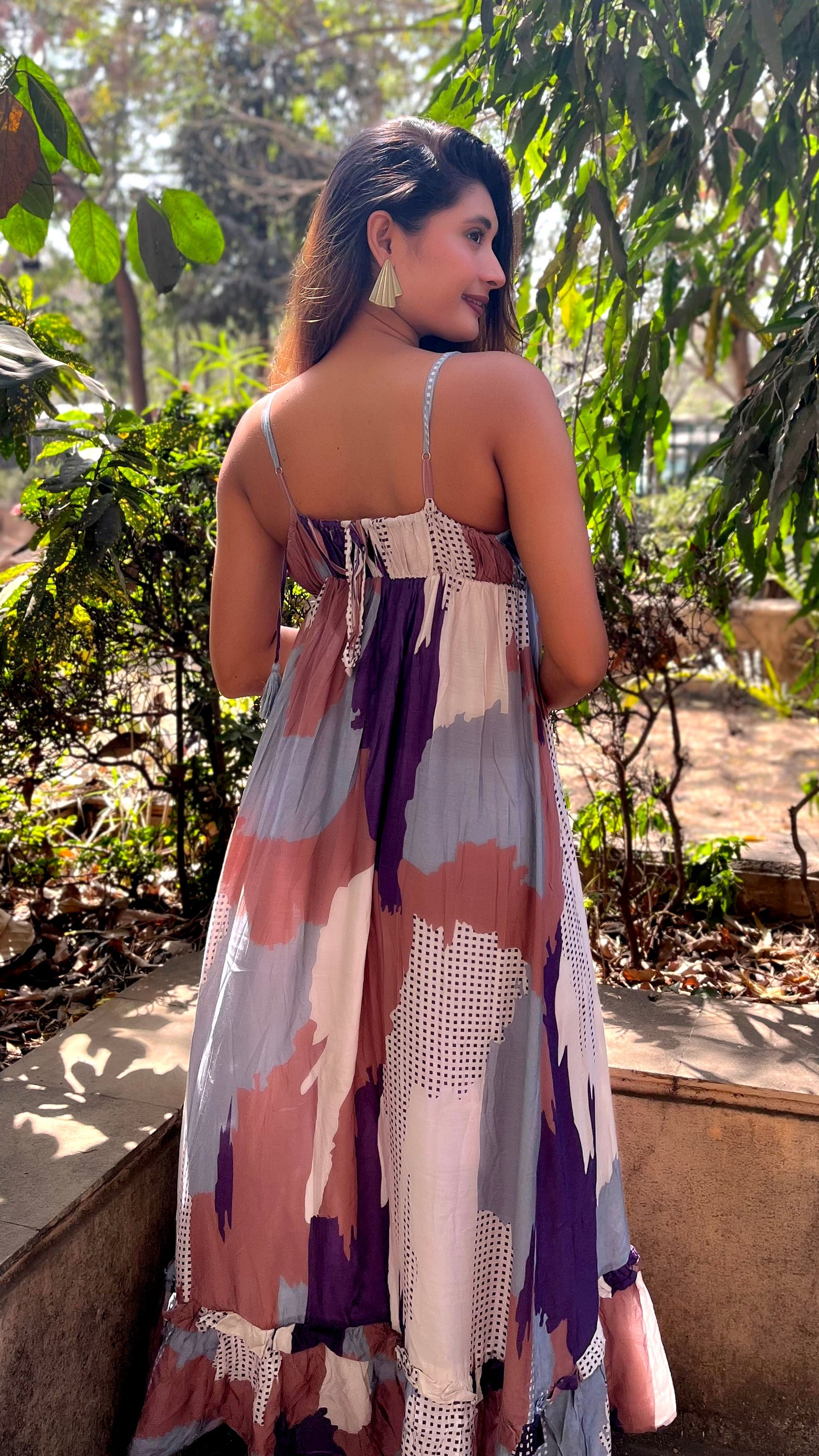 Noroke Pure Muslin Abstract Long Ruffled Tiered Dress - Printed | Swadesiicart