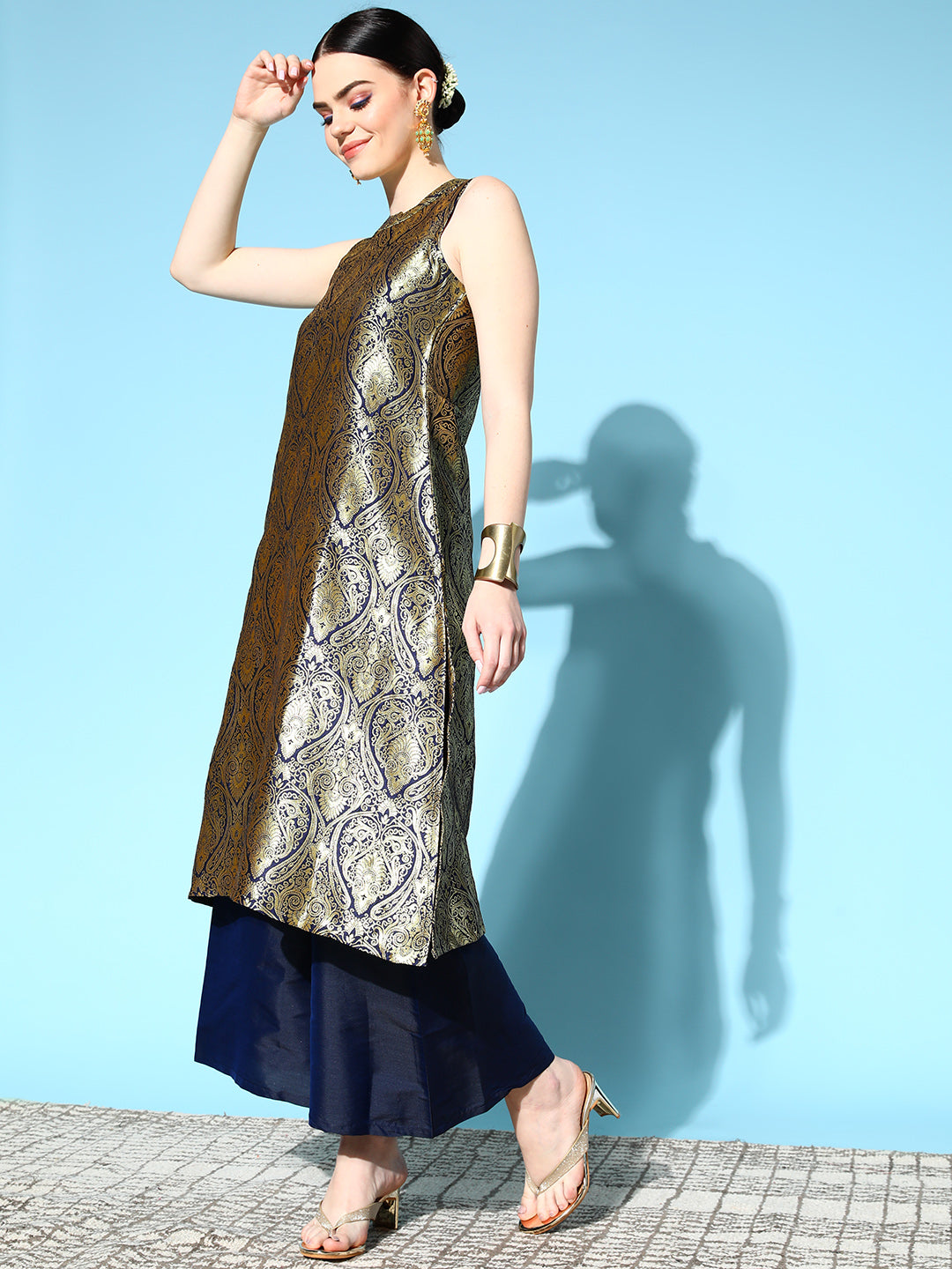 InWeave Women's Blue Banarasi Halter Kurta Set With Golden Dupatta - Swadesiicart