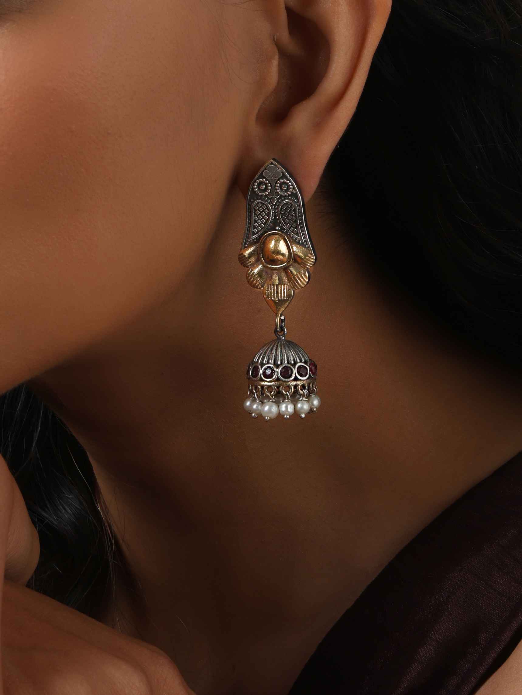 trueBrowns Silver Gold Tone Jhumka Earrings - Swadesiicart
