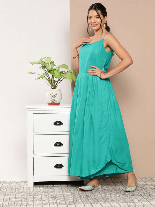 InWeave Women's Teal Blue Strappy Set With Blue Yellow Floral Cape - Swadesiicart