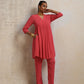 trueBrowns Peach Crinkle Flared Kurta Co-ord Set - Swadesiicart