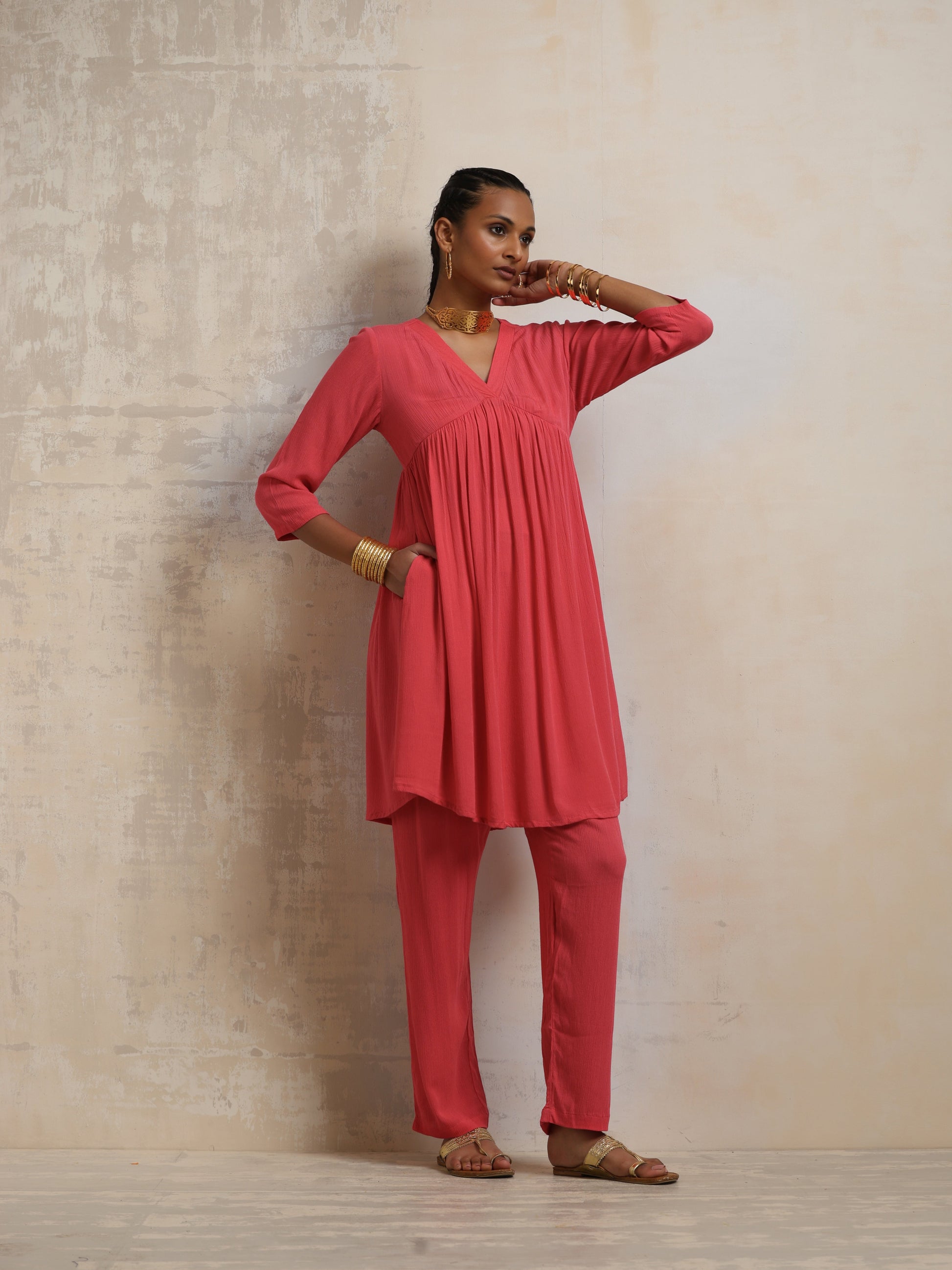trueBrowns Peach Crinkle Flared Kurta Co-ord Set - Swadesiicart
