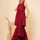 InWeave Women's Carmine Maroon Lace Work Double Layer Sharara Set - Swadesiicart