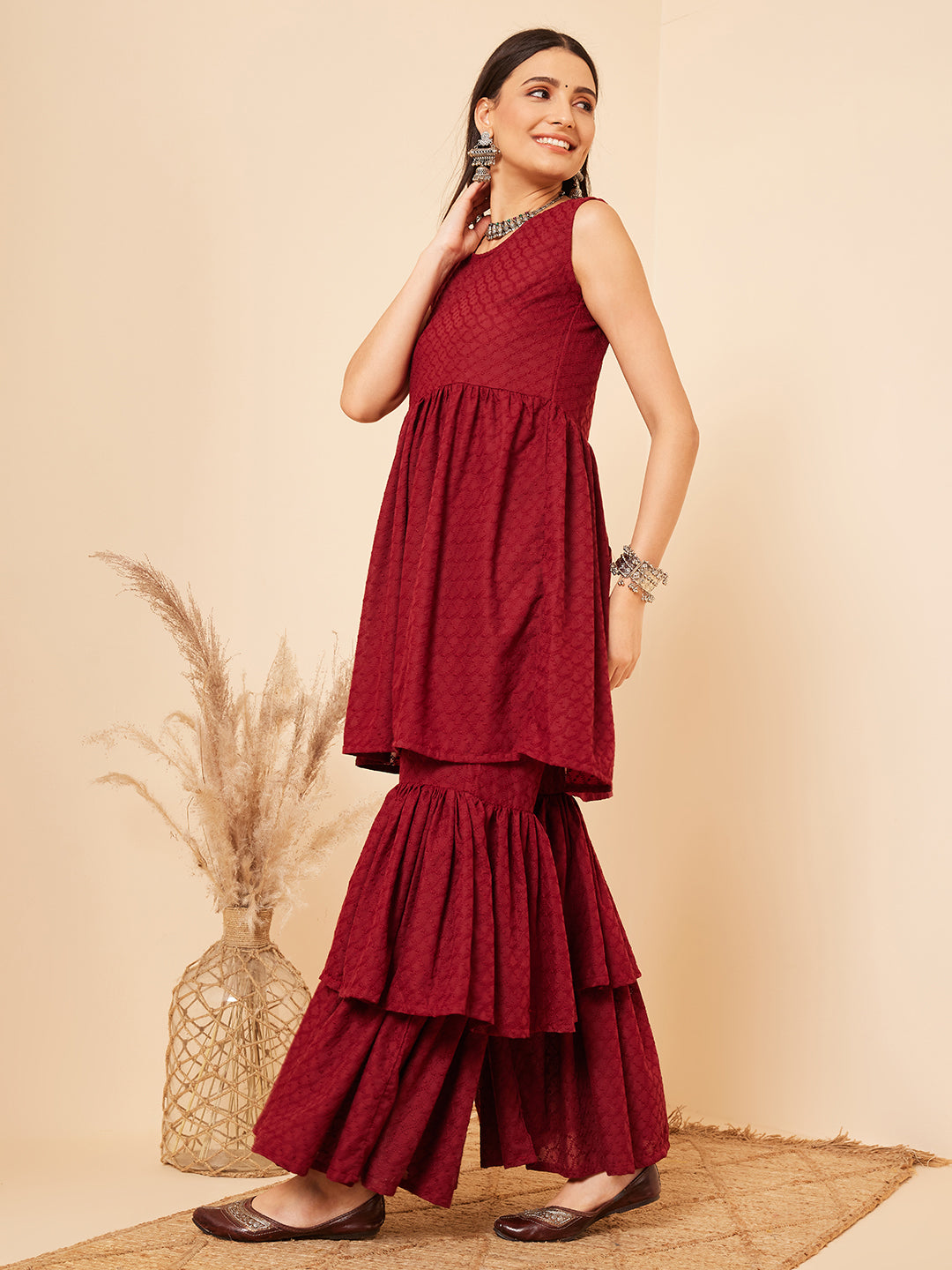 InWeave Women's Carmine Maroon Lace Work Double Layer Sharara Set - Swadesiicart