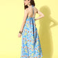 InWeave Women's Sky Blue Print Backless Long Kurta Pant Set - Swadesiicart