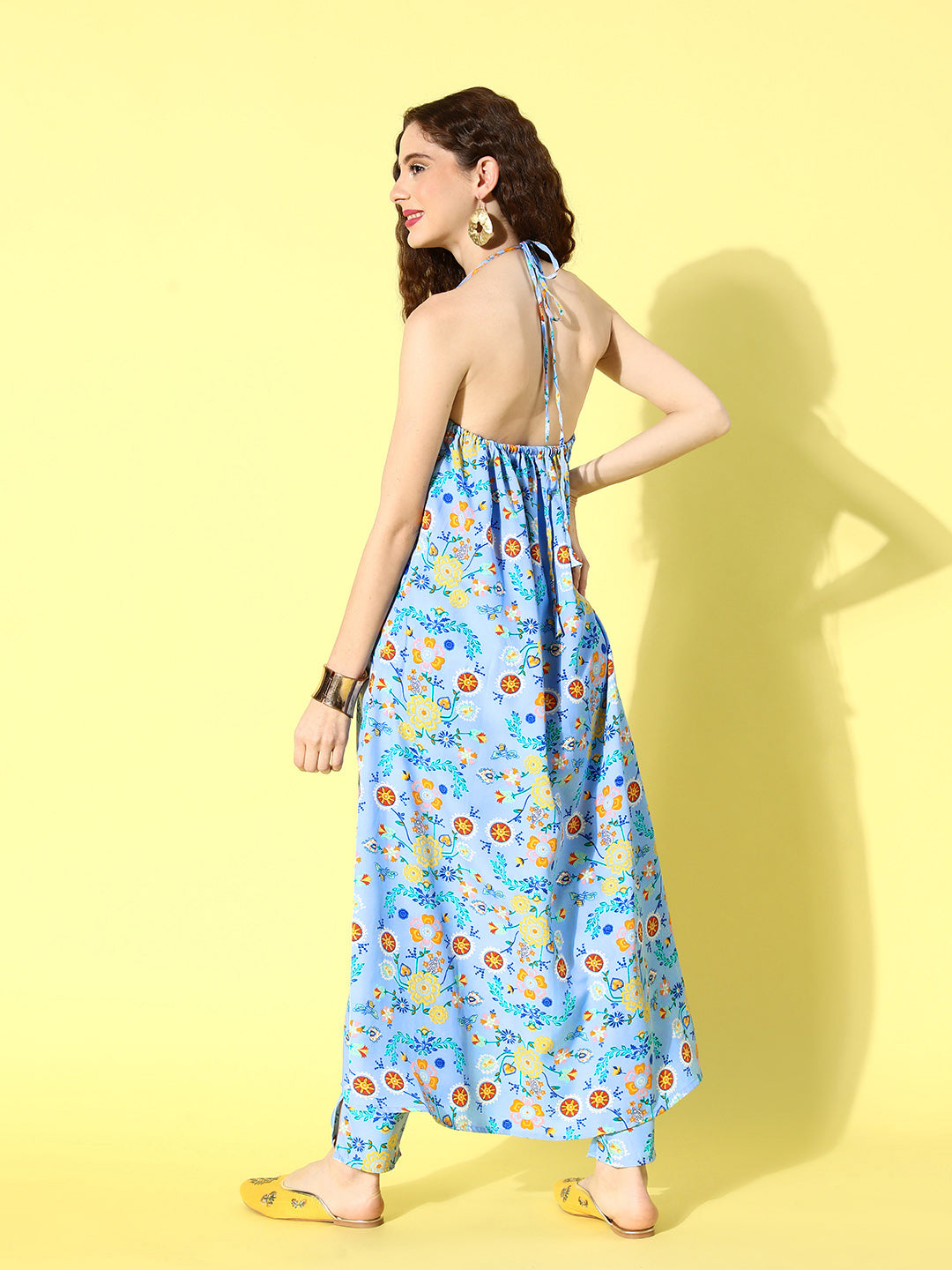 InWeave Women's Sky Blue Print Backless Long Kurta Pant Set - Swadesiicart