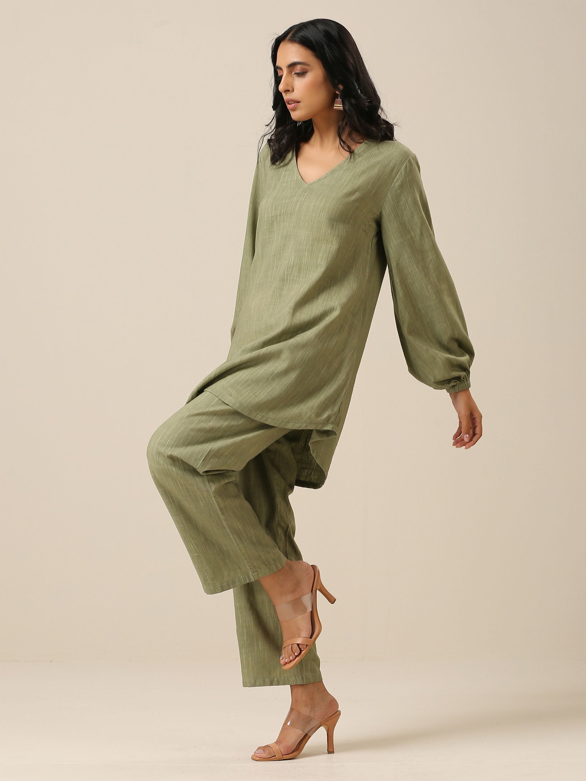 trueBrowns Sage Slub Textured Short Co-Ord Set - Swadesiicart