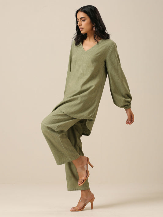 trueBrowns Sage Slub Textured Short Co-Ord Set - Swadesiicart