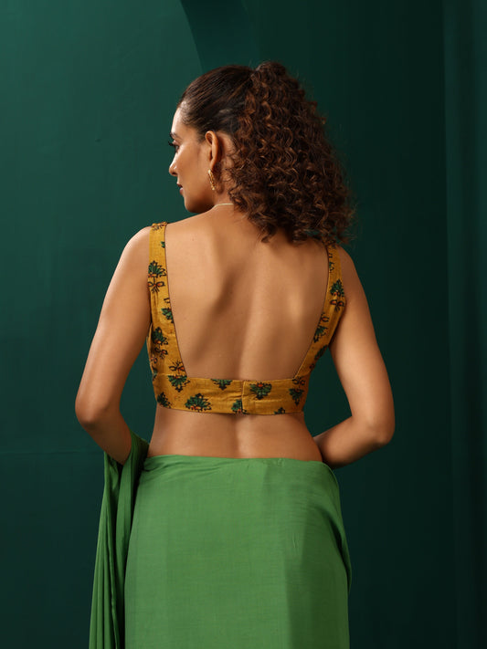 trueBrowns Mustard Muslin Silk Flower Stem Printed Scoop Neck Sleeveless Blouse | Swadesiicart