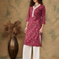 InWeave Women's Burgundy Maroon Print V Neck Lace Work Straight Kurta - Swadesiicart
